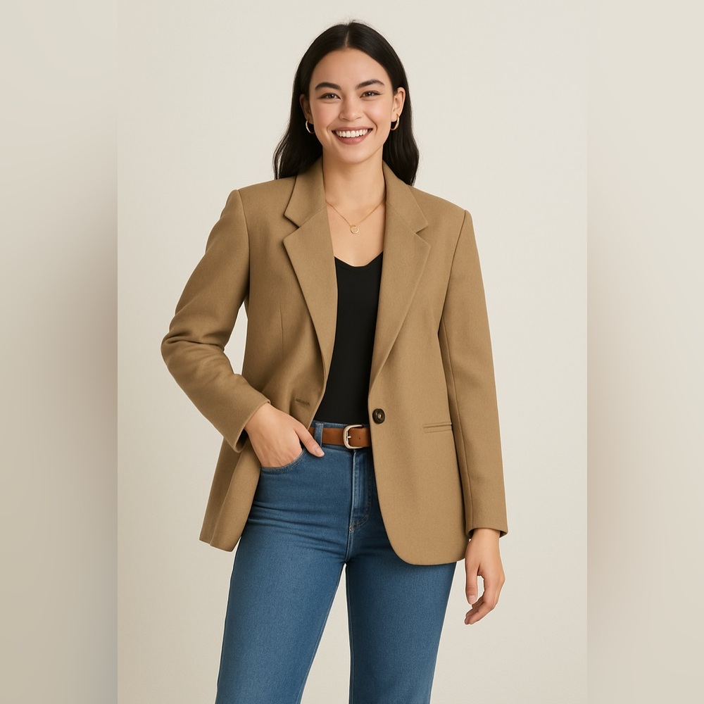 Vintage Sag Harbor Tan 100% New Wool Fully Lined Blazer Sz 14 Metal Button EUC
